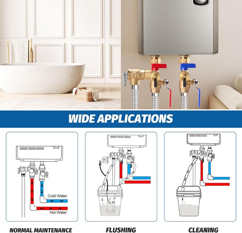 FIDISP 8Pcs 3/4 Inch IPS Isolator Tankless Water Heater Valve Kit with 2Pcs 3/4" NPT to 1/2" FNPT and 2Pcs Brass Pipe Fitting, Tankless Water Heater Flushing Kit with Pressure Relief Valve, Clean Brass - Image 5